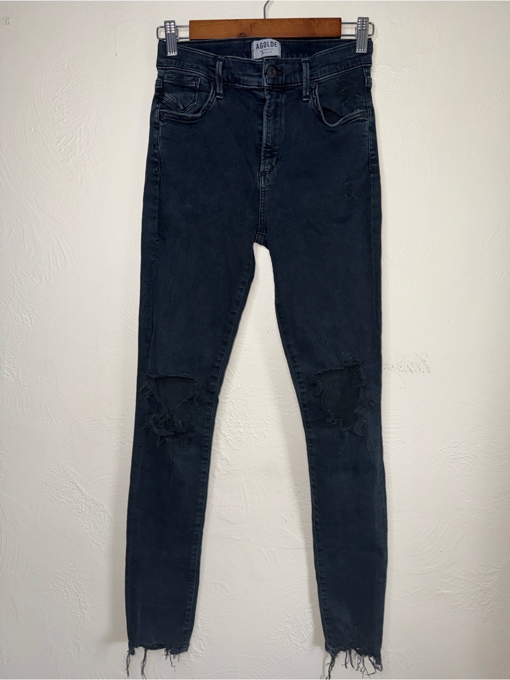 AGOLDE Size 27 Dark Wash Distressed Skinny Jeans Raw Hem Premium Denim
